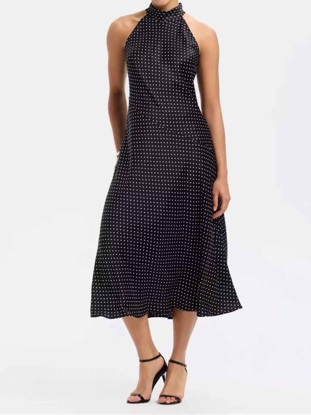 Sleeveless Black Polka Dot Halter Midi Dress